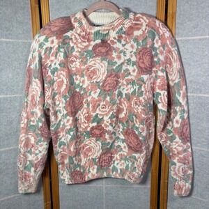 de rotchild Floral Silk‎ Angora Blend Sweater M Pink Cream Rose Vintage Raglan